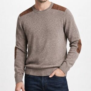 Autumn Cashmere Sweater Suede Shoulder Elbow Patches Crewneck Brown Tan size XL